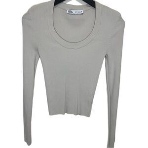 Zara Ribbed Round Neck Top Beige